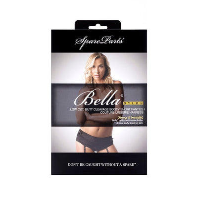 Packaging of SpareParts Bella black nylon booty short lingerie harness with model wearing the product on front display.