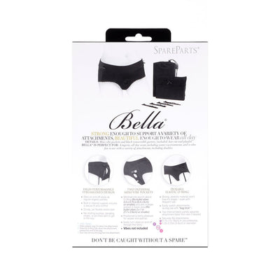 Packaging of Spareparts Bella Cleavage Booty Short Harness in black with product details and usage instructions.