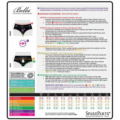 Size chart and detailed measuring guide for Spareparts Bella Cleavage Booty Short Harness in black, showing waistband, hips, gusset, and thigh measurements.