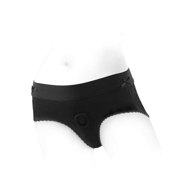 Black lace booty short harness with adjustable O-ring and delicate bow accents on hips.