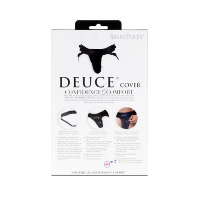 Packaging of Spareparts Deuce Cover Underwear Harness in black nylon with double strap design and product features displayed.