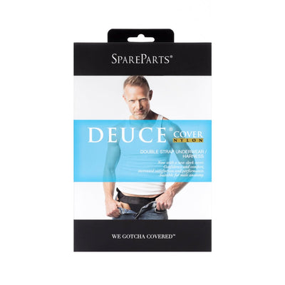 Packaging of SpareParts Deuce Cover double strap black nylon underwear harness with a male model illustration.