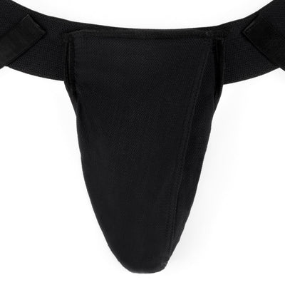 Black double-strap nylon underwear harness with a sleek cover and adjustable Velcro straps.