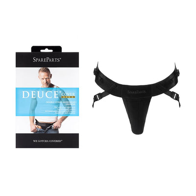 Black double strap nylon Deuce Cover underwear harness displayed next to its SpareParts branded packaging.