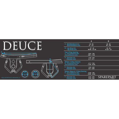 Diagram of SpareParts Deuce Male Harness with detailed size measurements for waistband, leg straps, and O-ring openings in inches and centimeters.