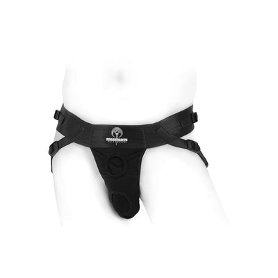 Black SpareParts Deuce male harness with adjustable straps and dual openings for comfort and versatility.