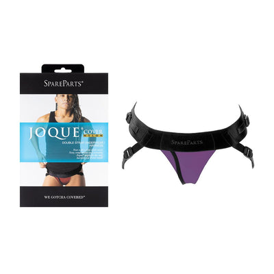 Purple Joque Cover double strap underwear harness by SpareParts with black adjustable waistband and packaging box shown.