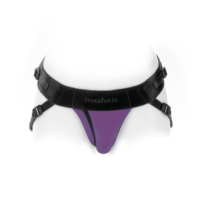 Purple nylon Joque Cover underwear harness with black adjustable double straps and SpareParts logo on waistband.