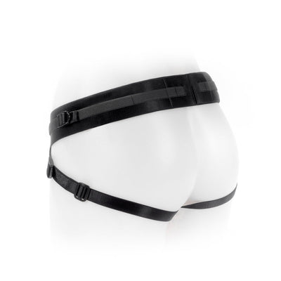 Black double-strap nylon underwear harness displayed on a white mannequin from the back.