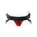 Red and black Spareparts Joque Cover double strap underwear harness with adjustable waist and leg straps on white background.