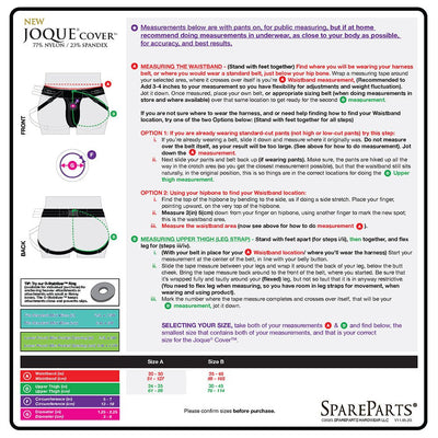 Sizing guide for Spareparts Joque Cover Underwear Harness with measurement instructions and size chart for waist and thigh.