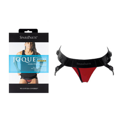SpareParts Joque Cover double strap red nylon underwear harness with adjustable black waistband shown with packaging box.