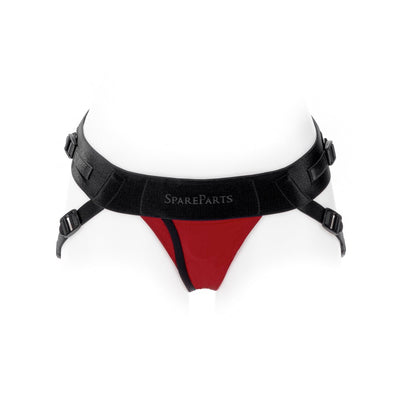 Red nylon Joque Cover underwear harness with double black adjustable straps and SpareParts logo on front waistband.