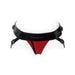 Red nylon Joque Cover underwear harness with double black adjustable straps and SpareParts logo on front waistband.