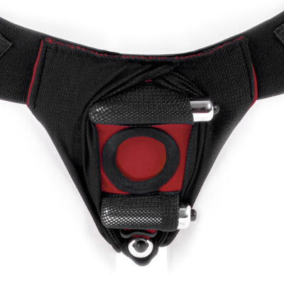Close-up of Spareparts Joque Cover Underwear Harness in red and black nylon with double strap and integrated O-ring.