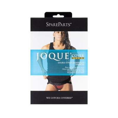 Packaging of SpareParts Joque Cover Red double strap nylon underwear harness with model wearing the product on front display.