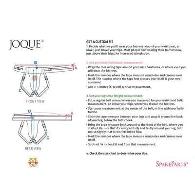 Diagram showing front and rear views of Spareparts Joque double strap harness with detailed measurement instructions for custom fit.