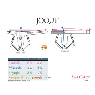Diagram of Spareparts Joque double strap harness with front and rear views and detailed size measurements for Size A and B.