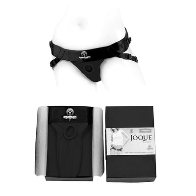 Black Spareparts Joque double strap harness displayed on a mannequin and in its packaging box.