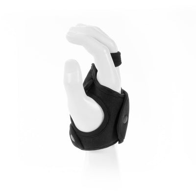Black left-hand glove harness with adjustable straps displayed on a white mannequin hand.