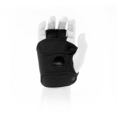 Black left-hand glove harness with adjustable straps and open fingers displayed on a white mannequin hand.