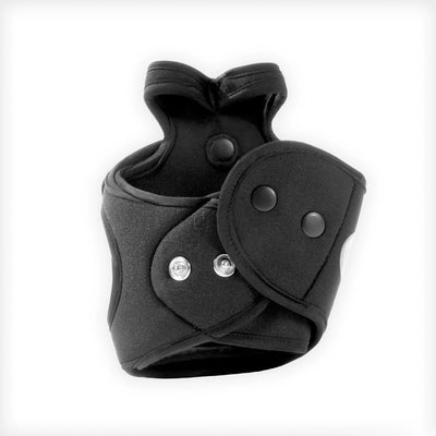 Black left-hand La Palma harness glove with adjustable snap and Velcro straps, made of soft stretchable fabric.