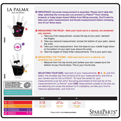 Sizing guide for Spareparts La Palma Harness showing how to measure palm and thumb with size chart for XS/S, M/L, and XL.