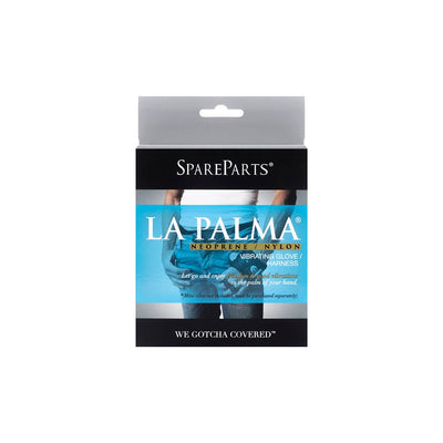 Packaging of Spareparts La Palma Vibrating Glove Harness in black with blue and black design and product branding.