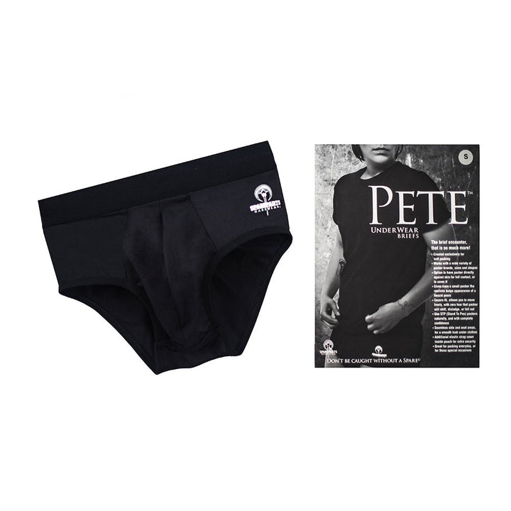 Black Spareparts Pete nylon packing briefs with contoured pouch and product information card featuring a person wearing a Pete t-shirt.