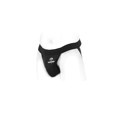 Black Spareparts Pete Freestyle nylon packing jock strap with front pouch and elastic waistband on white mannequin.