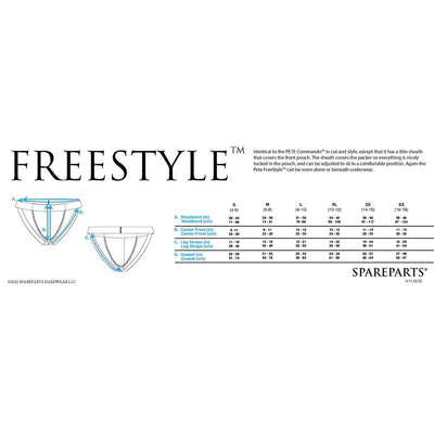 Size chart and measurements for Spareparts Pete Freestyle black nylon packing jock with front pouch and adjustable straps.