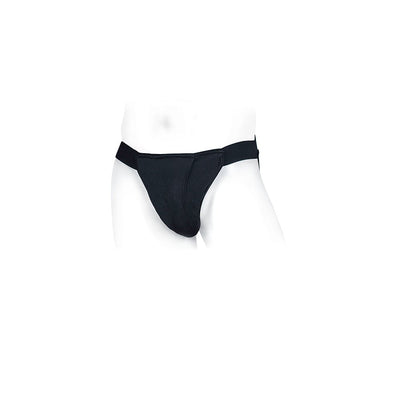 Black nylon packing jock strap with adjustable front pouch and elastic waistband on a white mannequin.