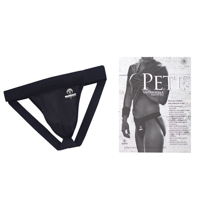 Black Spareparts Pete Freestyle nylon packing jockstrap with elastic straps and product packaging showing fit and features.