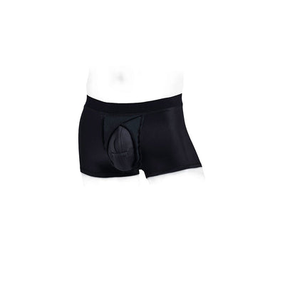 Black nylon Pete Trunks packing underwear with open fly and secure pouch for soft packing, size 28-30 inches.