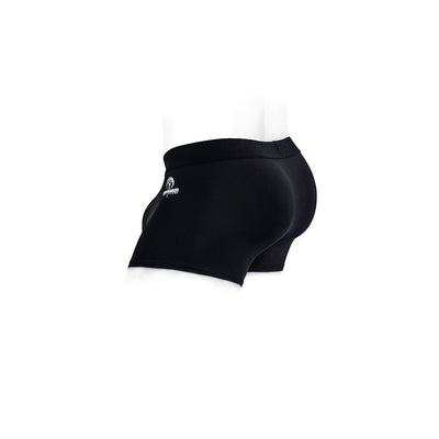 Black nylon Pete Trunks packing underwear with a snug fit and logo on the side, shown on a white mannequin.
