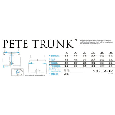 Sizing chart and technical drawing for Spareparts Pete Trunks nylon packing underwear with measurements for waist, hip, gusset, leg opening, and hole diameter.