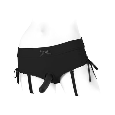 Black Sasha Cinch Booty Short Harness with adjustable ribbons and attached O-ring on white mannequin torso.