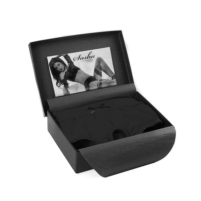 Black Sasha Cinch Booty Short Harness neatly folded inside an open black gift box with product information card.