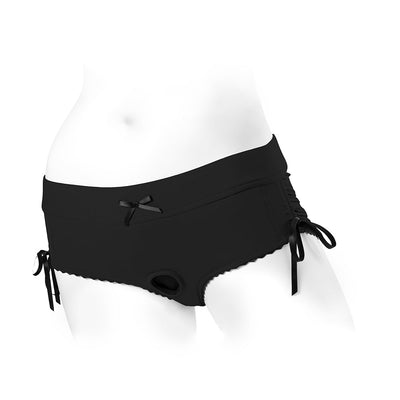 Black Sasha Cinch Booty Short Harness with adjustable side ribbons and a small front bow detail on a white mannequin.