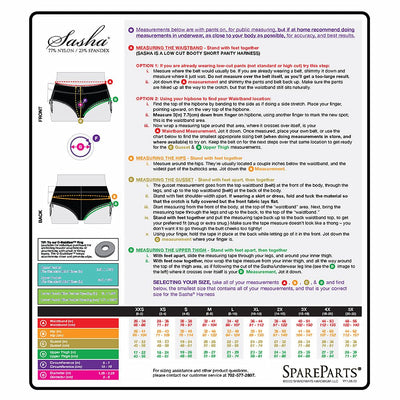Size chart and detailed measuring guide for Spareparts Sasha Cinch Booty Short Harness in black with waistband, hip, gusset, and thigh measurements.