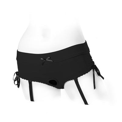 Black Sasha Cinch Booty Short Harness with adjustable ribbon sides and garter straps on a white mannequin.