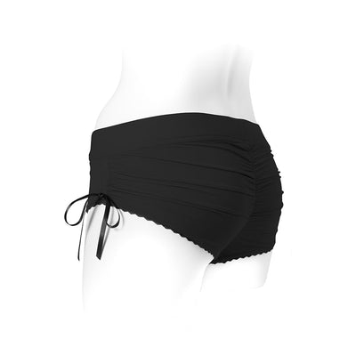 Black Sasha Cinch Booty Short Harness with adjustable side ribbons and ruched detailing on a white mannequin.