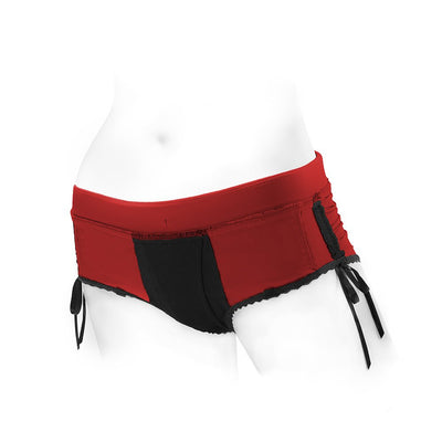Red and black Sasha Cinch Booty Short Harness with adjustable ribbon accents on hips displayed on mannequin.