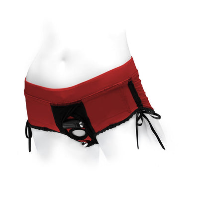 Red and black Sasha Cinch Booty Short Harness with adjustable side ribbons and O-ring detail on a white mannequin.