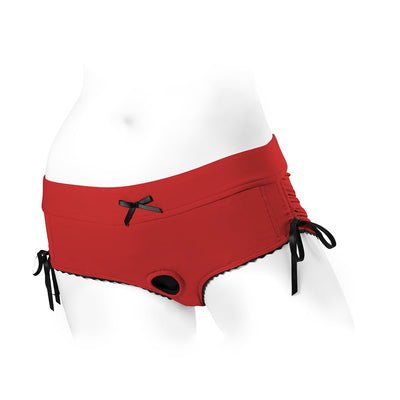 Red and black Sasha Cinch Booty Short Harness with adjustable side ribbons and a front cutout detail on a white mannequin.