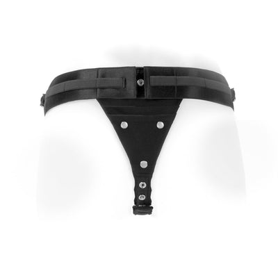 Black single-strap Theo Cover underwear harness with adjustable waistband and snap closures, made from nylon fabric.