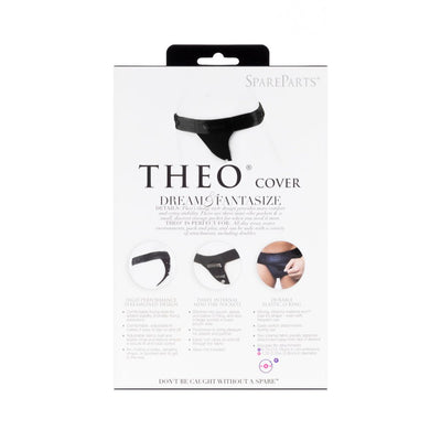 Packaging of Spareparts Theo Cover Underwear Harness in black nylon with product features and usage details.