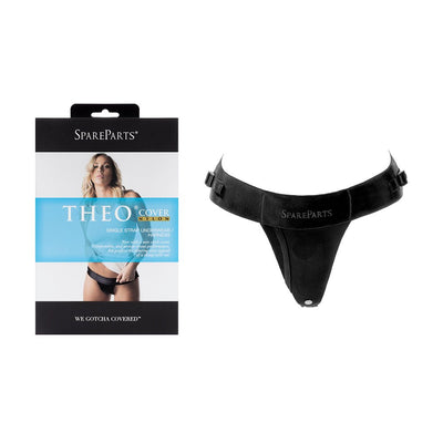 SpareParts Theo Cover black nylon single-strap underwear harness with adjustable side straps and packaging box.