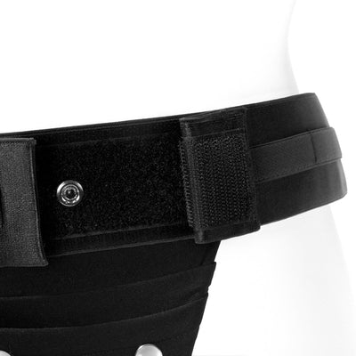Close-up of black Spareparts Theo Cover Underwear Harness single strap with Velcro and snap closure on white mannequin.