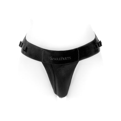 Black SpareParts Theo Cover single-strap nylon underwear harness with adjustable side buckles and logo detail.